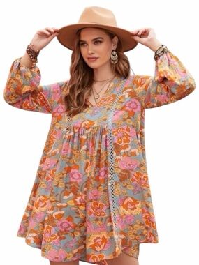 Bohemian Kaleidoscope Floral Print Mini Dress  NWT